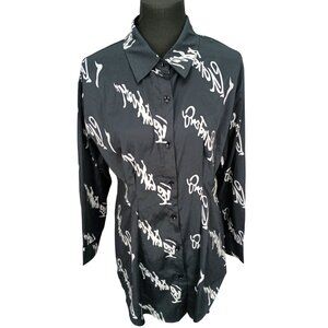 WOWO Womens Fashion Black & White Button-Up Shirt With Graphic Print XL